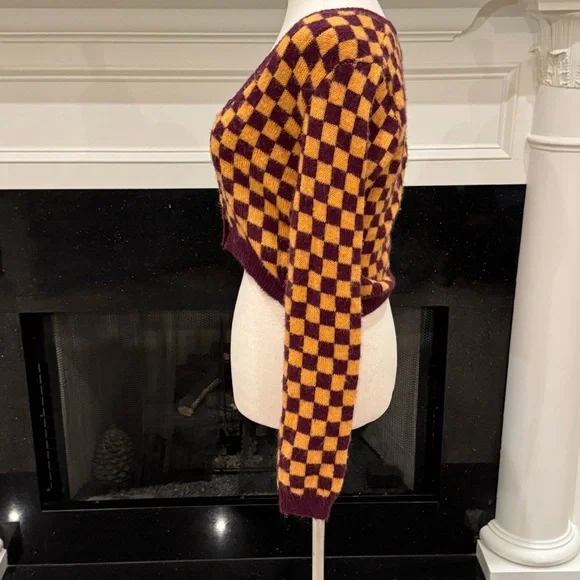 Zara Checkerboard Cropped Cardigan | Size Small | Maroon & Mustard - Picture 7 of 13